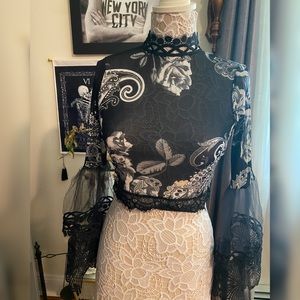 Sexy Sheer Monaco Lace Crop Top Black with White Flowers